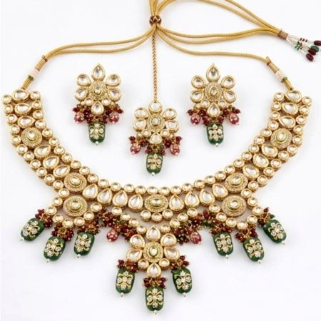 Handcrafted Royal Kundan Bridal Necklace Set with Maangtika